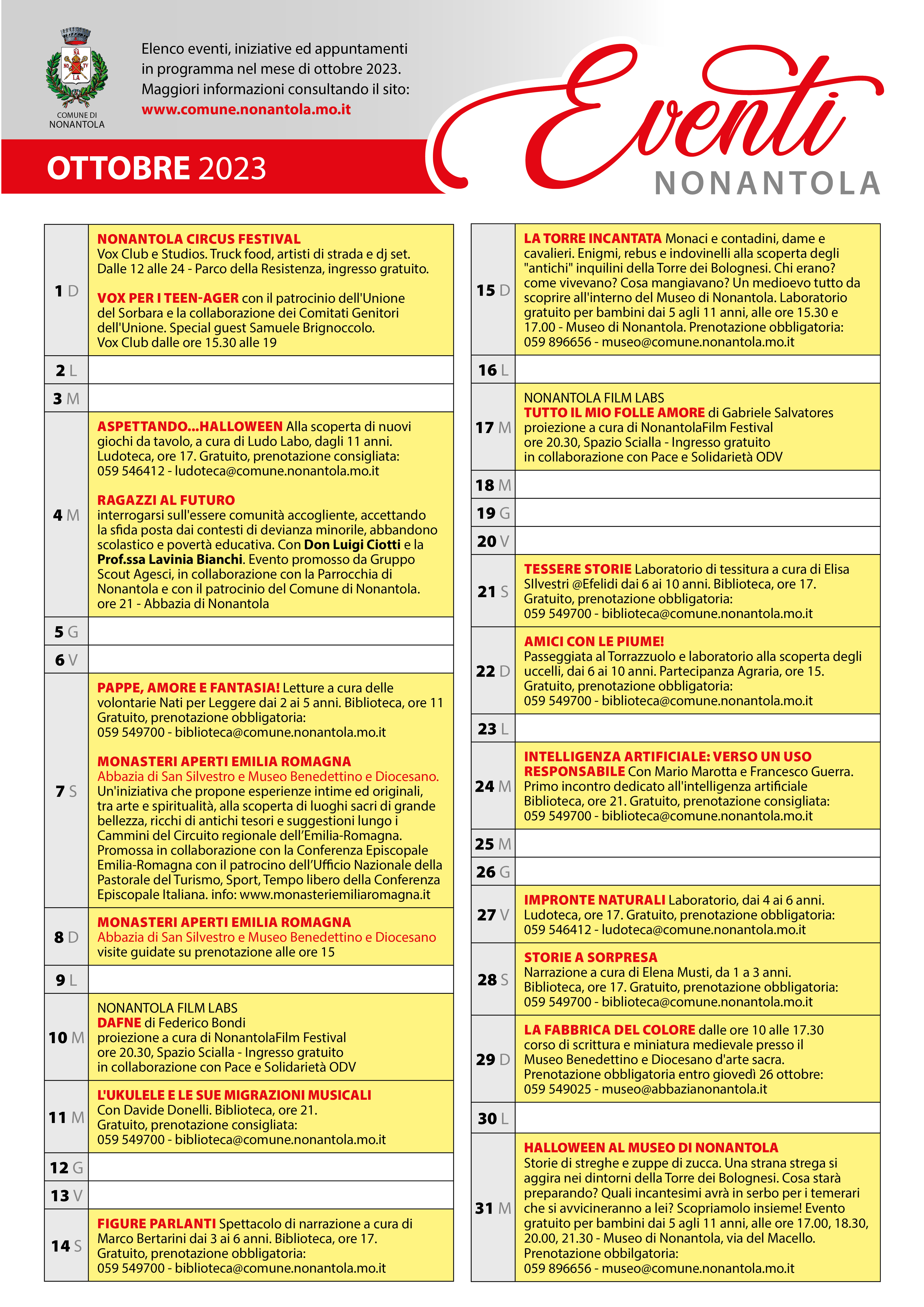Calendario iniziative a Nonantola, Ottobre 2023