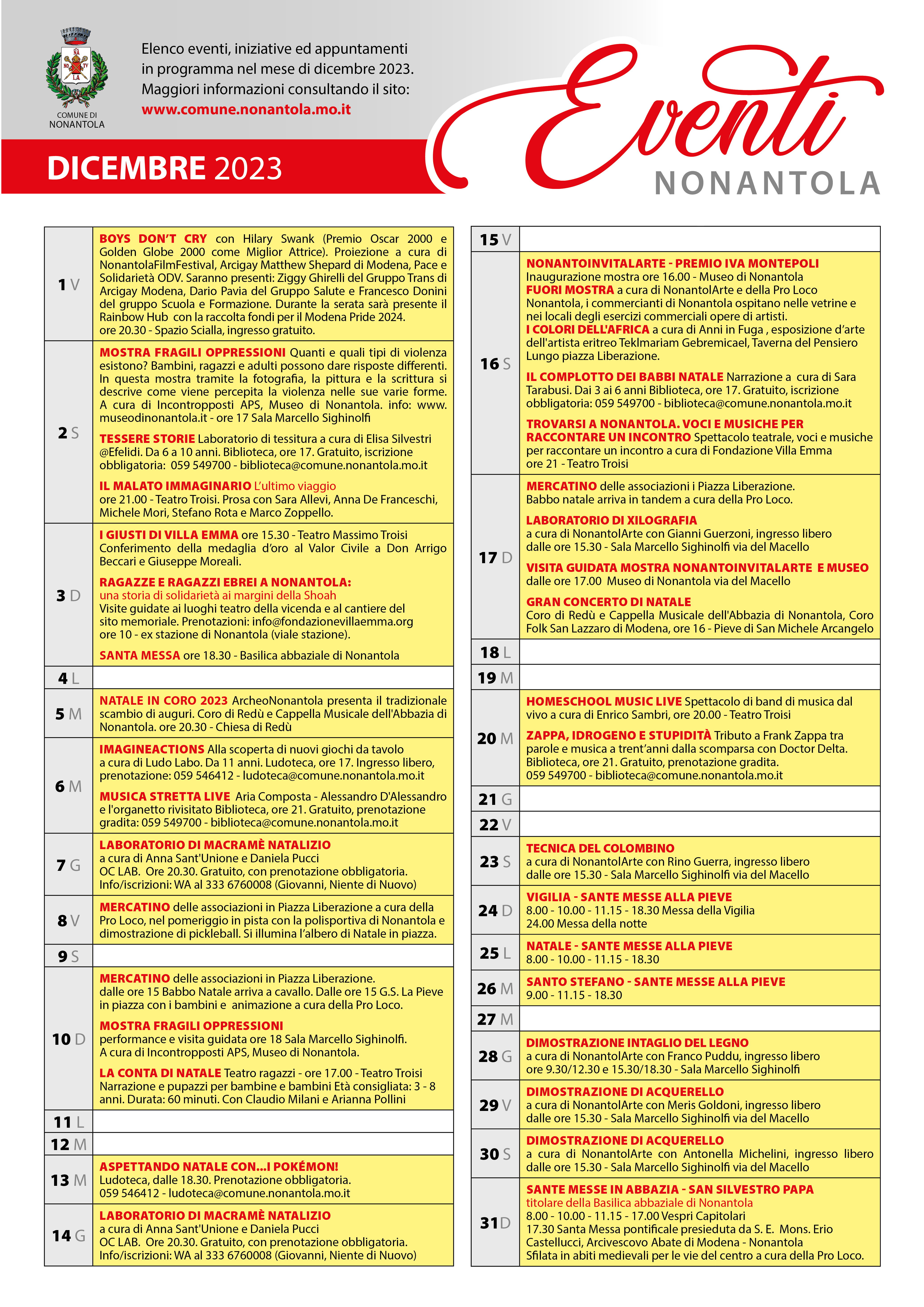 Calendario iniziative a Nonantola, Dicembre 2023