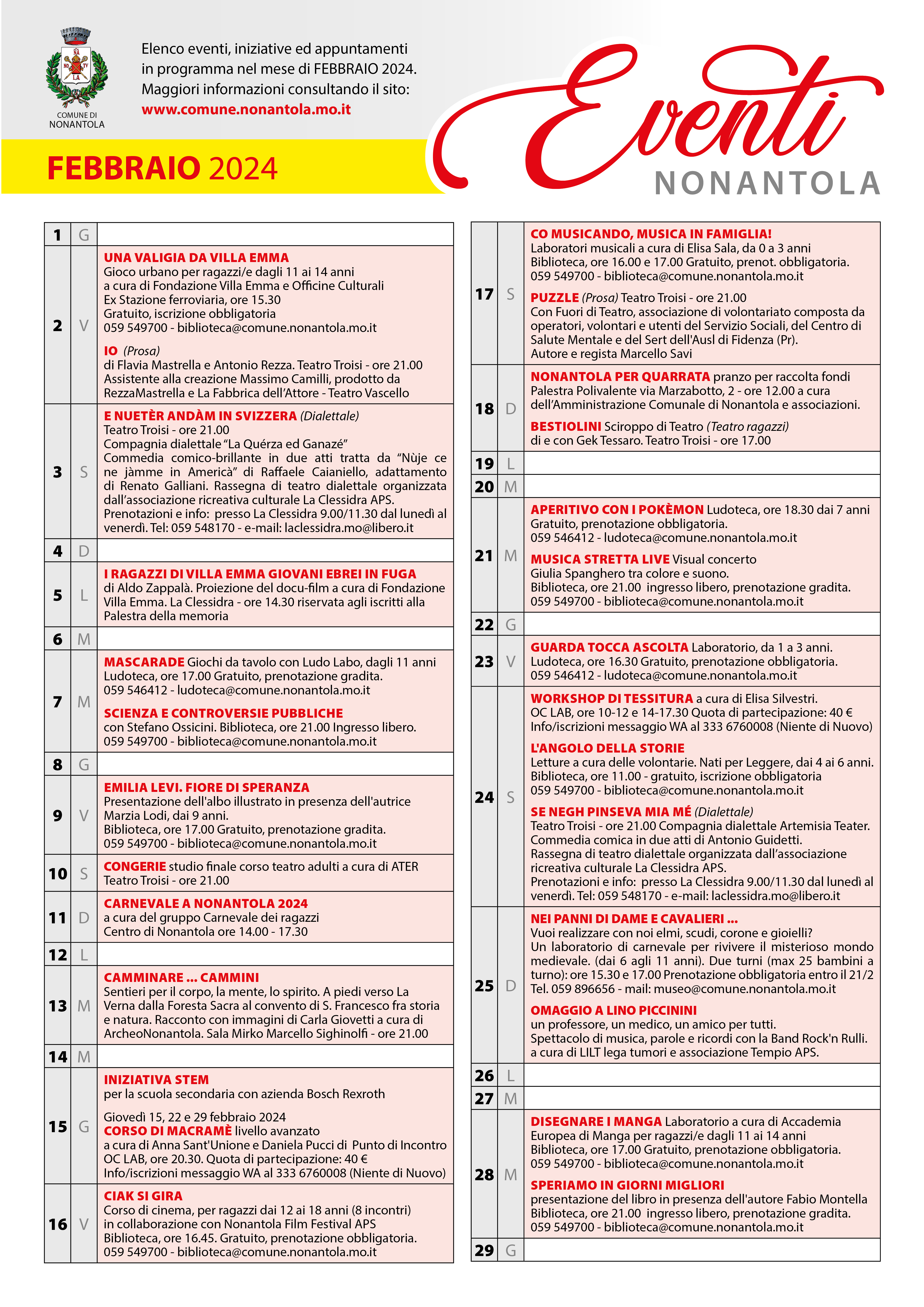 Calendario iniziative a Nonantola, Febbraio 2024