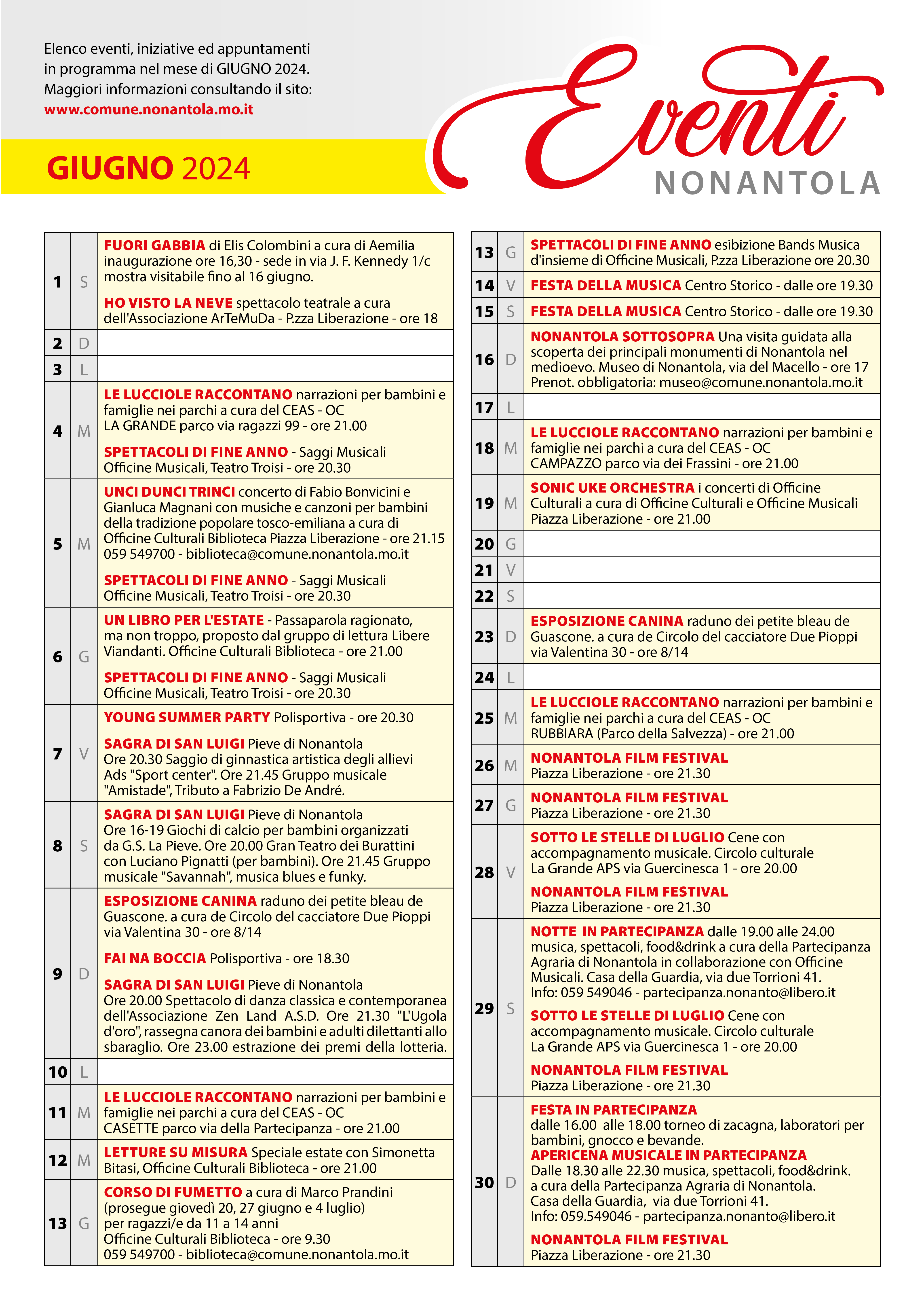 Giugno 2024, calendario iniziative 