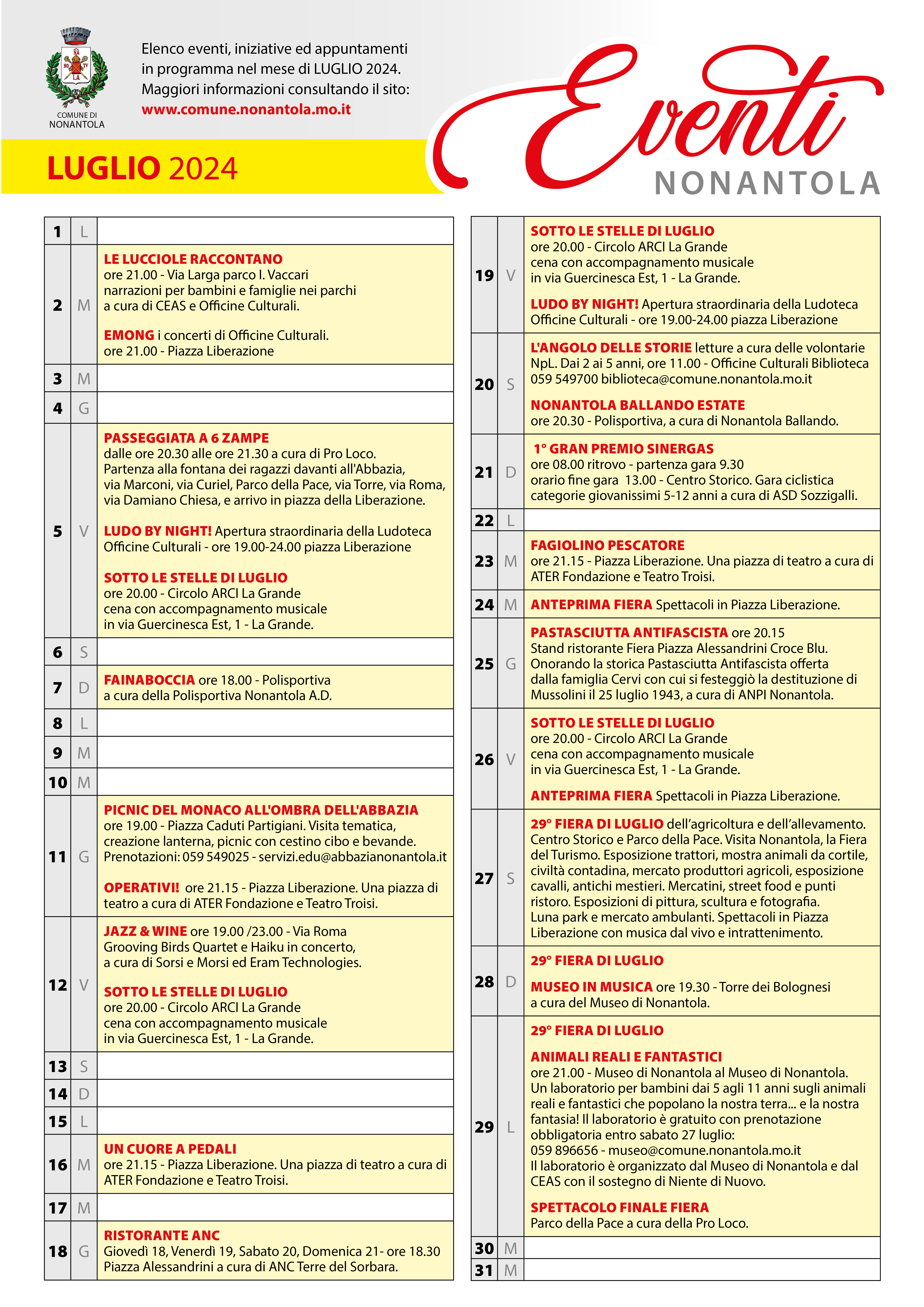 Luglio 2024, calendario iniziative a Nonantola