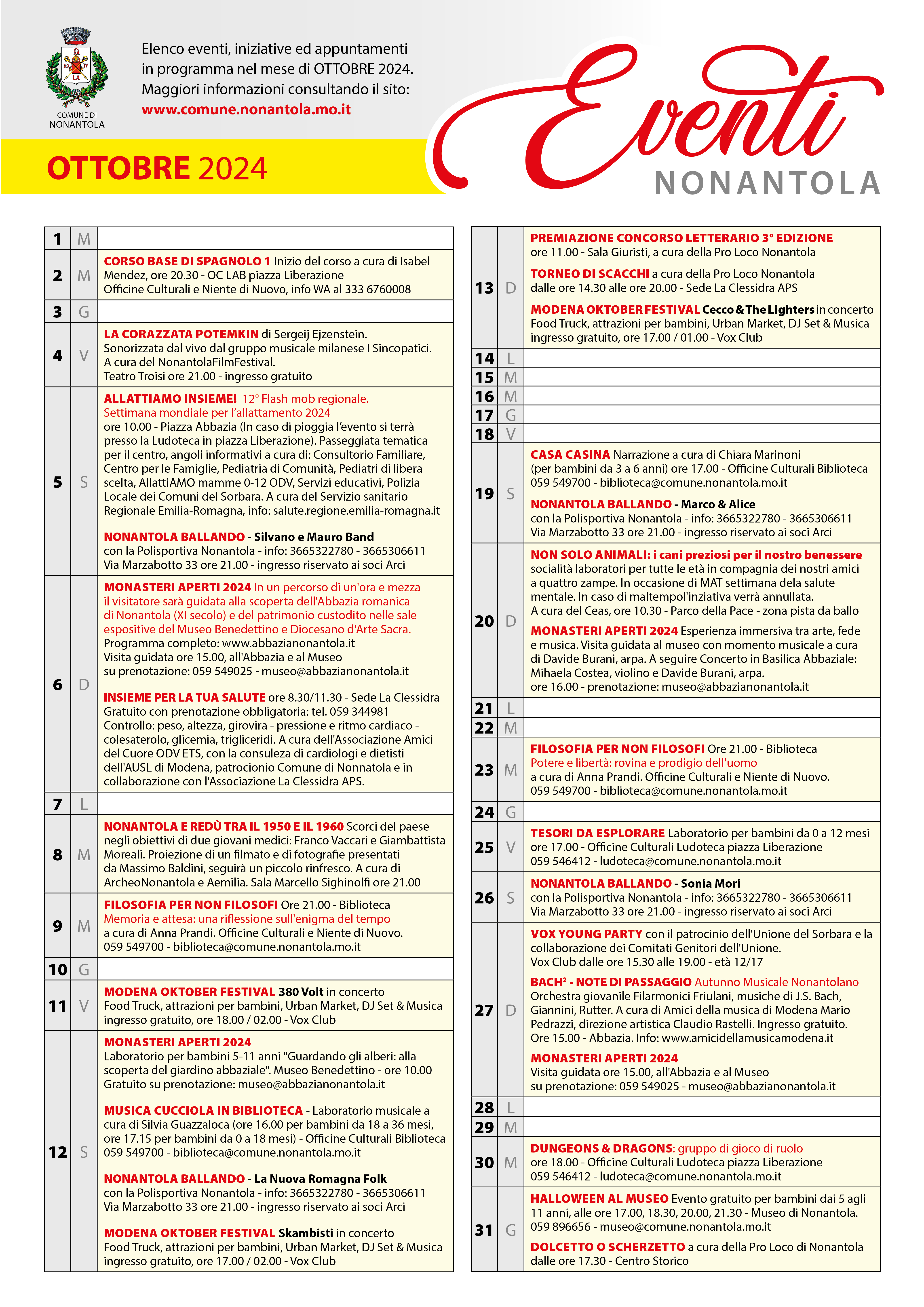 Ottobre 2024, calendario iniziative a Nonantola
