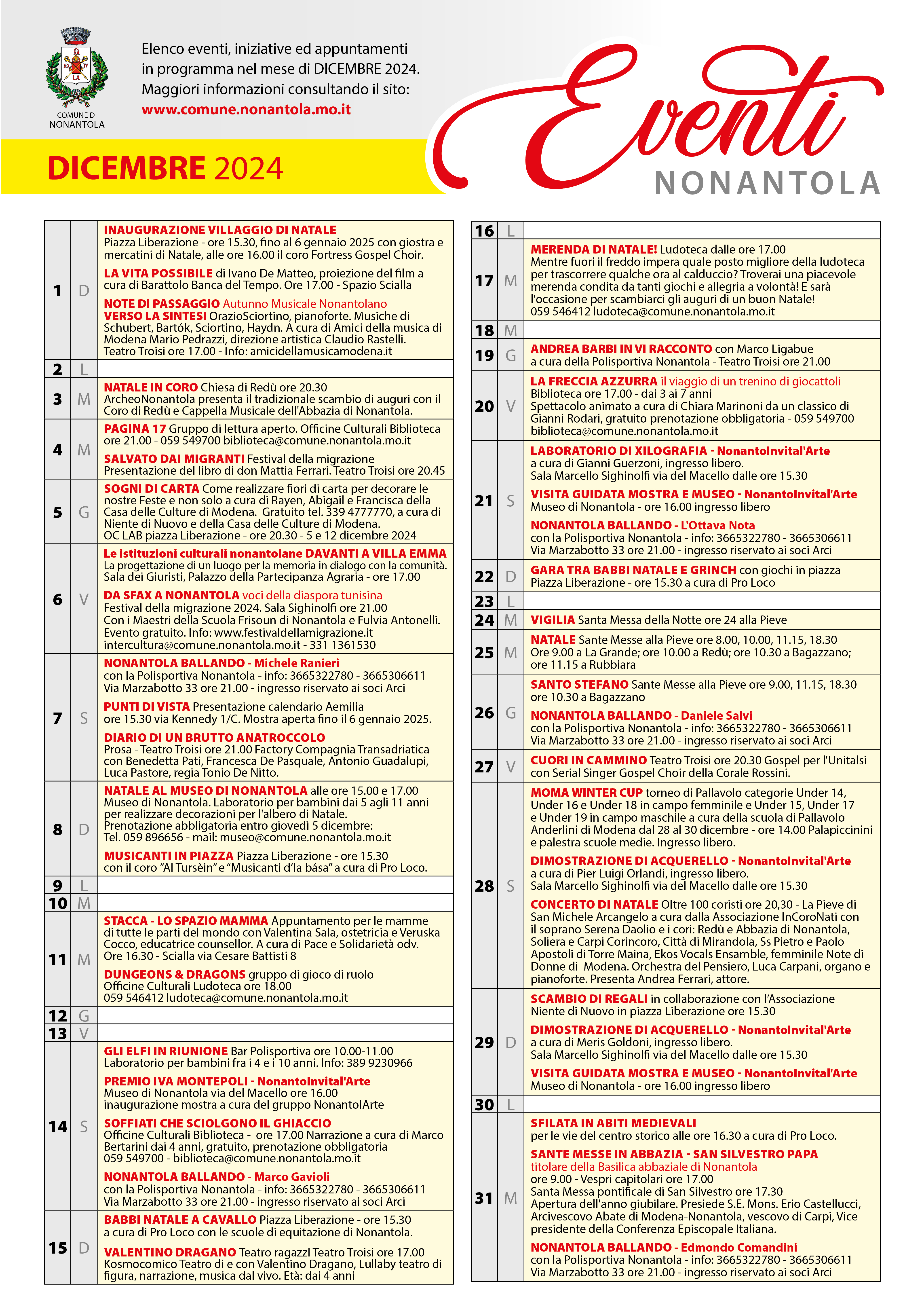 Dicembre 2024, Calendario iniziative a Nonantola